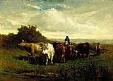 man on horseback, woman on foot driving cattle by Edward Mitchell Bannister